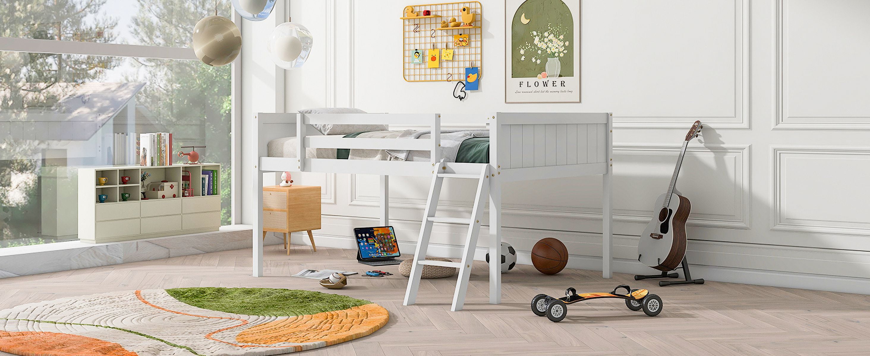 MAYEERTY Full Size Wood Low Loft Bed with Ladder, ladder can be placed on the left or right, White