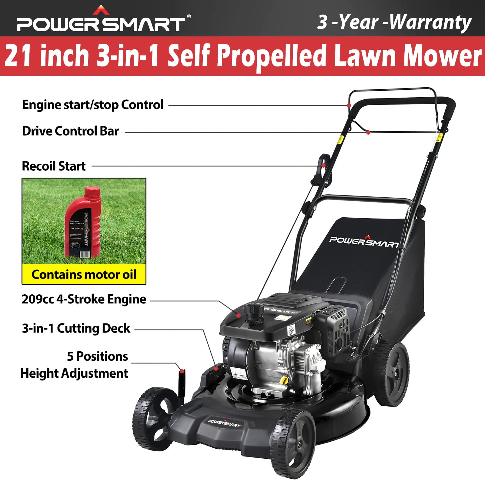 Buy PowerSmart Gas Lawn Mower, 21 Inch Gas Powered Self Propelled Mower