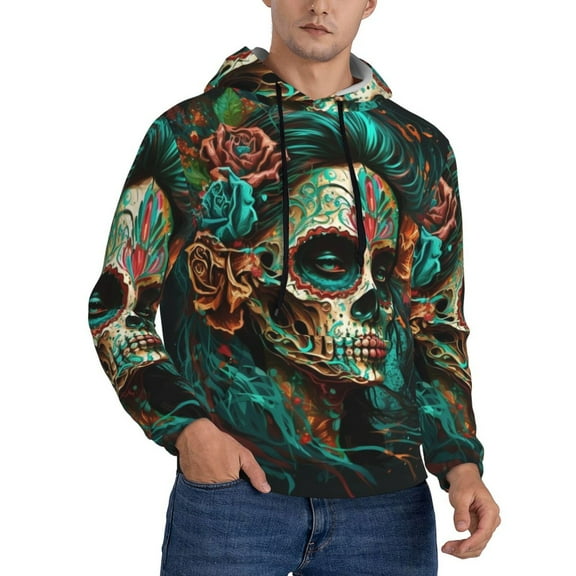 Men's Hoodie Pullover Casual Hooded Sweatshirt 3D, Sugar Skull Zombie Rose