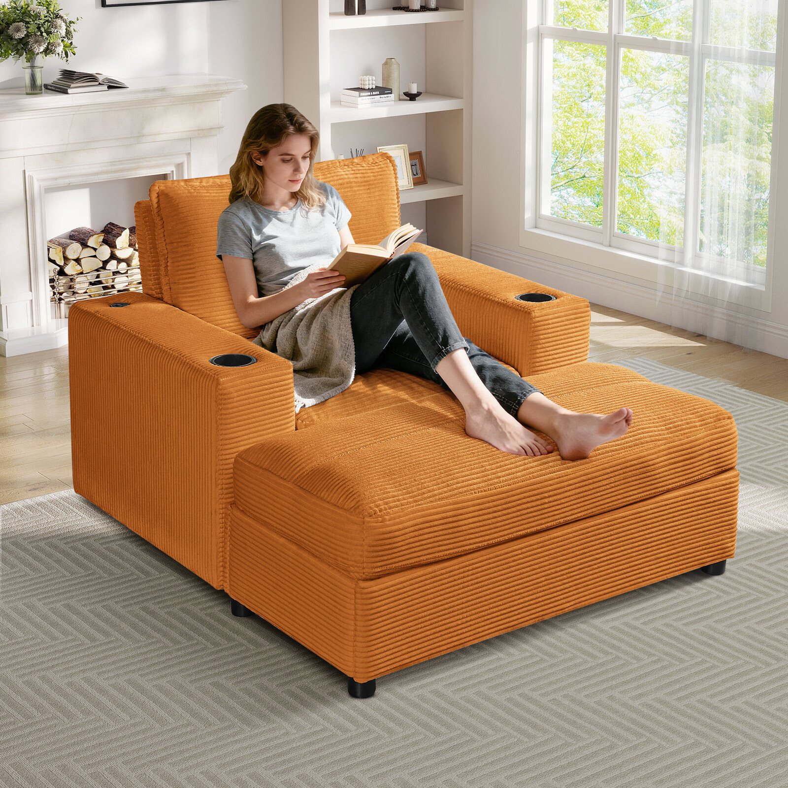 Lunale 42.8" Accent Chair with Ottoman, Indoor Chaise Lounge Chair with USB & Storage, Plush Reading Sofa Armchair for Living Room, Bedroom, Apt, Orange Corduroy