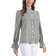 thumbnail image 4 of Women's Gingham Tops Ruffle V Neck Blouse Button Front Long Sleeve Plaid Shirt S Black, 4 of 6