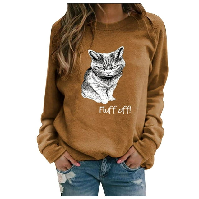 Hauts à Manches Longues pour Femmes Mode Décontractée Imprimé Chat Manches Longues Col Rond Hauts Amples Décontractés