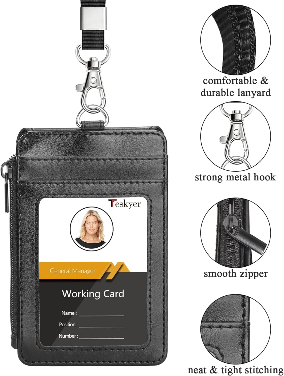Modixun 2 Pack Leather Badge Holder with Zipper Pocket, Badge Holder Wallet  with Lanyard, ID Badge Card Holder with 4 Card Slots and 1 Zipper Pocket
