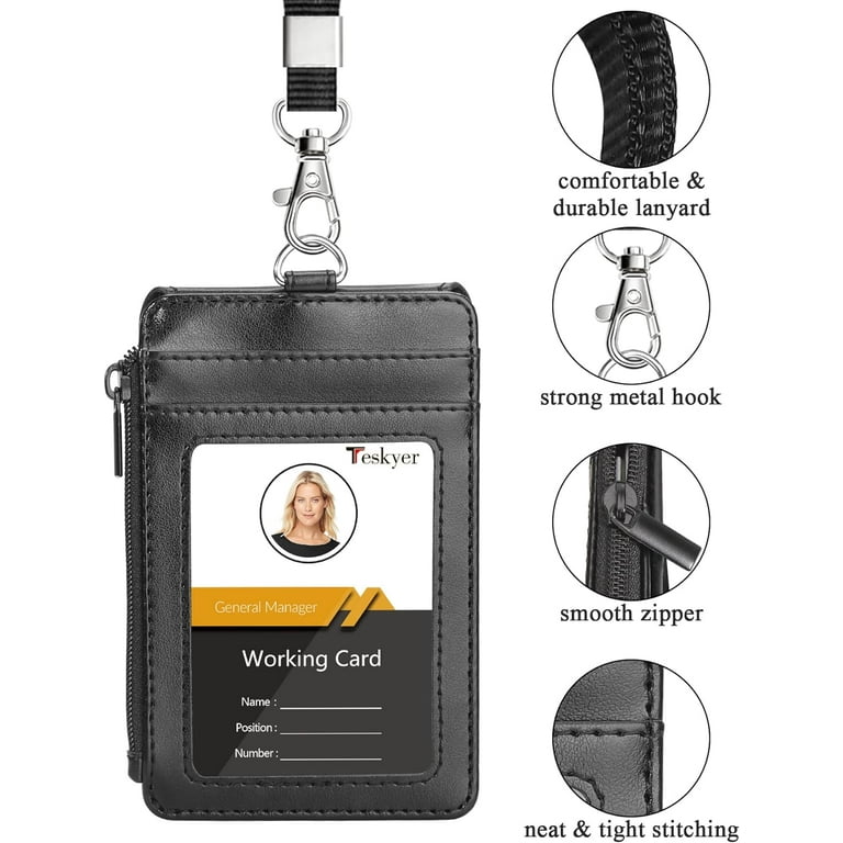 Badge Holder with Zipper, PU Leather ID Badge Card Holder Wallet