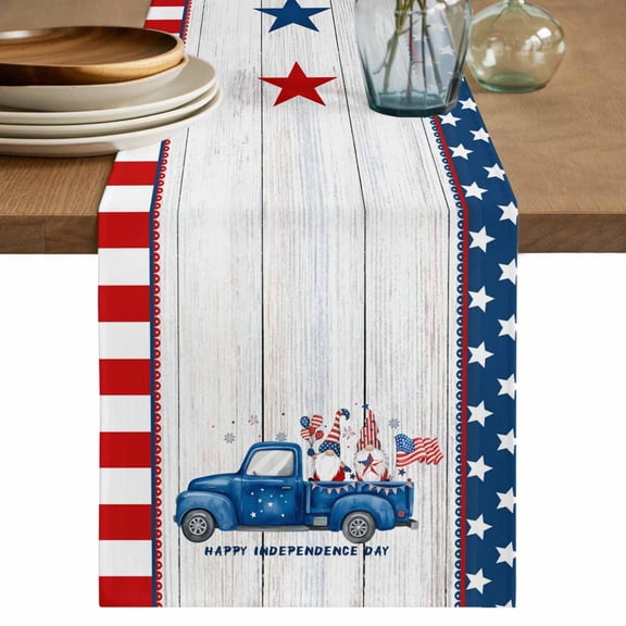 Table Runner 72 Inches Long for Kitchen Dining, Independence Day Dresser Scarf Farmhouse, Dining Table Decorations for Wedding/Parties, USA Flag Truck Gnomes Wooden Grian 14 x 72 In