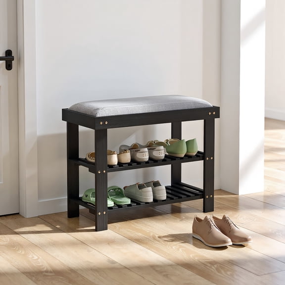 Kadyn Entryway Storage Bench, Shoe Bench, Bamboo Shoe Storage Bench, 3-Tier Entryway Bench with Cushion, Black