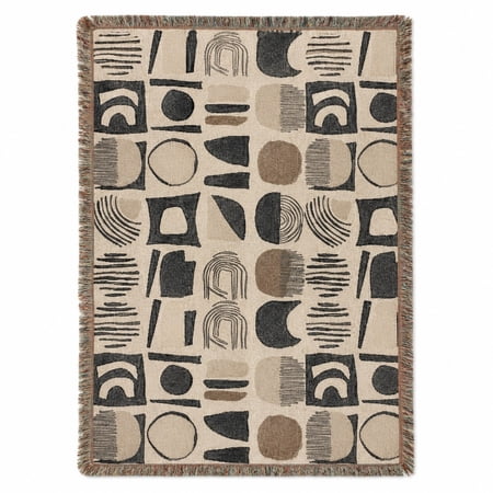 Black and Beige Abstract Geometric Woven Throw Blanket Cotton with Fringed Edges Modern Neutral Decor for Sofa and Bed