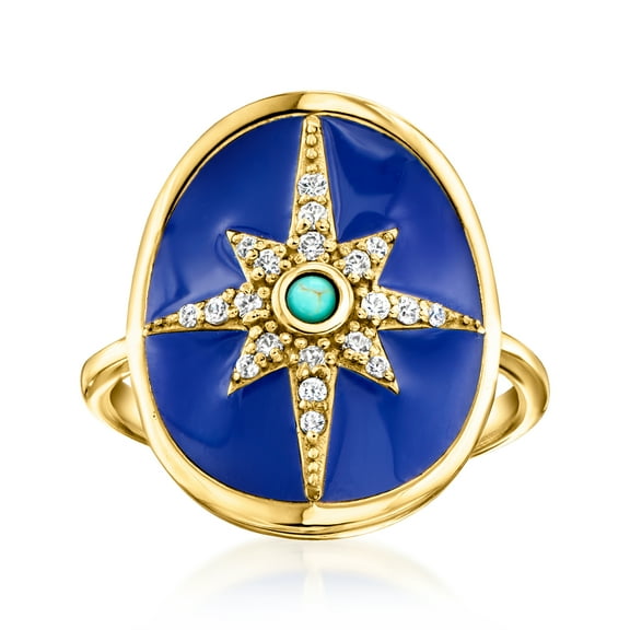 Ross-Simons Blue Enamel, Turquoise and .20 ct. t.w. White Zircon North Star Ring in 18kt Gold Over Sterling, Women's, Adult