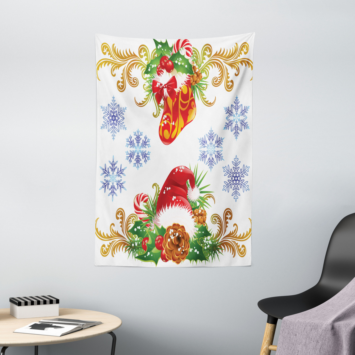 Christmas Tapestry, Classical Traditional Design with Stocking and