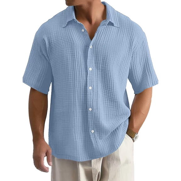 Uwinwear Mens Big and Tall Button Down Shirts Gauze Short Sleeve Collared Shirt Regular Fit Summer Casual Work Clothes Casual Textured Tops,Light Blue,L