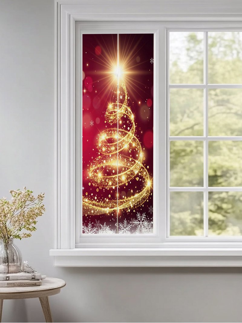 Whimsical Christmas Window Privacy Film Modern Gold Christmas Tree ...
