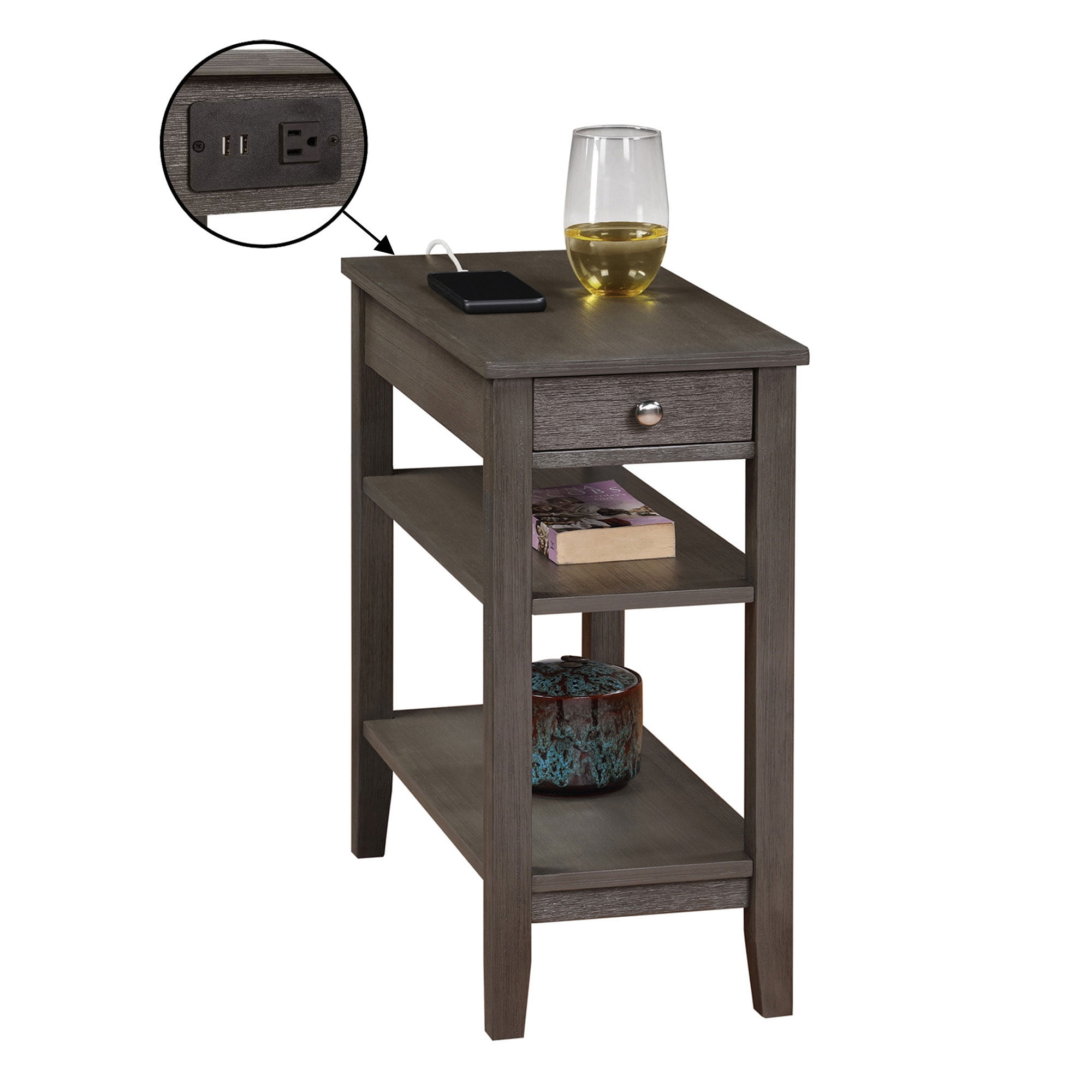 Convenience Concepts American Heritage End Table w/ Charging Station, Gray