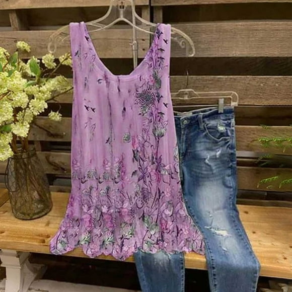 TIMIFIS Purple Women Ladies Tank Tops Vintage Print Top Summer Casual Sleeveless Shirts Dressy Flowy Camisole Chiffon - Spring/Summer