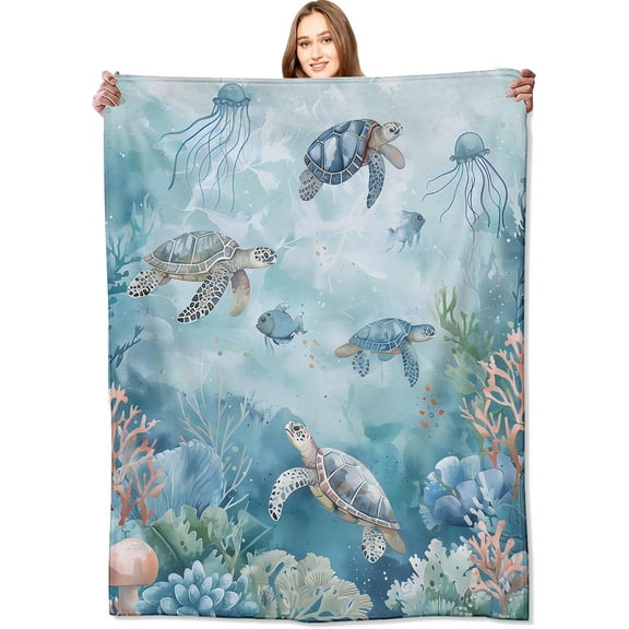 Sea Turtle Blanket Serene Ocean Turtles and Coral Reef Throw Blankets,Birthday Gifts for Kids & Beach Lovers,Lightweight Soft Fleece for Sofa Couch Bed Room Travel Decor 50x60in
