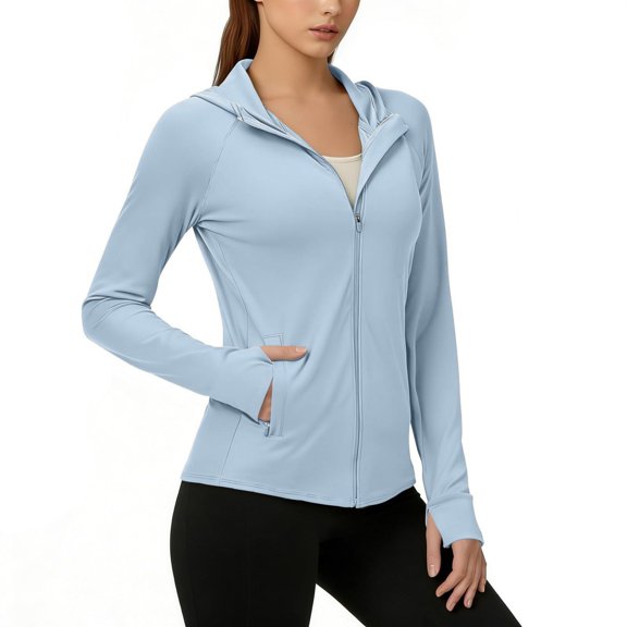 Nooxsoe Womens Sun Protection Hoodies Long Sleeve Athletic Jacket Shirts for Hiking Running Zip Hoodie Jacket S Hood Thumbholes Hooded Sun Shade Jacket Full Zip Woman Cardigan A1-sky Blue L