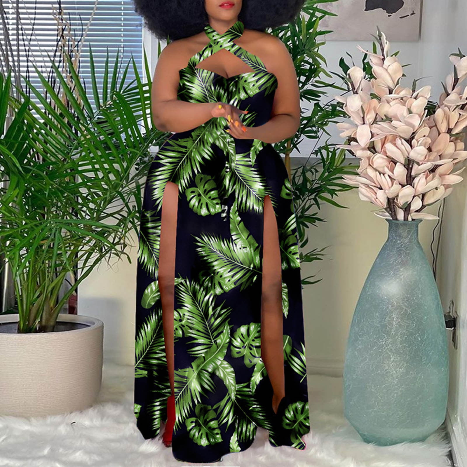 Homely Sexy Dresses For Womens Sexy Plus Size Halter Neck Floral Print Split Party Maxi Dress Walmart