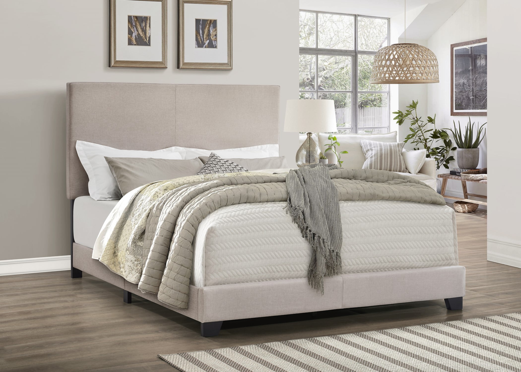 Home Design Evon King Linen Upholstered Bed Frame with Foam Padding and Polyester Upholstery, Warm Gray, Easy assembly