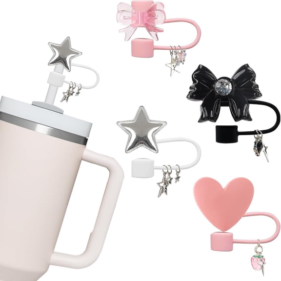 4Pcs Silicone Straw Covers for Stanley Cup, Cute Heart Bow Star Straw Toppers for 10mm Straws, Reusable Dustproof Straw Caps for 30&40 Oz Tumblers, Cup Accessories