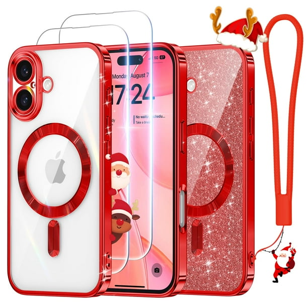 Funda Meifigno para iPhone 16 6.1" con brillo rojo MagSafe + correa