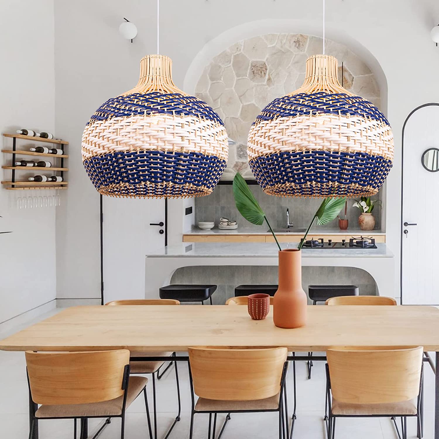 Arturesthome Hand-Woven Rattan Chandelier, Rattan Pendant Light Fixtures Ceiling, Wicker Hanging Lamp for Dining Room Bedroom Kitchen Island Blue