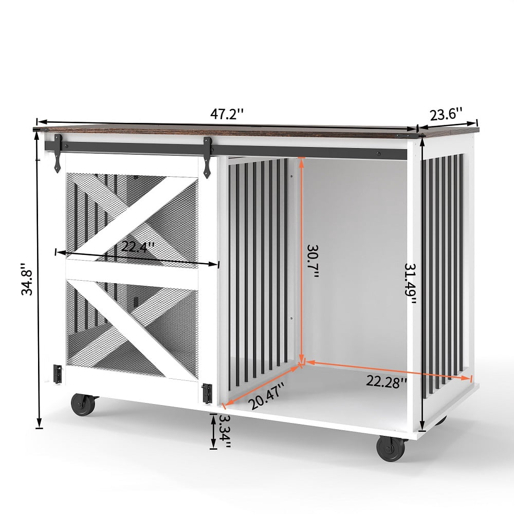 Brown white 47.2" Mobile Dog Crate with Flip-Top Feeding Door, Dual-Access & 5 Caster System (2 Locking), Side Hooks - Multi-Functional Pet Kennel,double dog crate furniture
