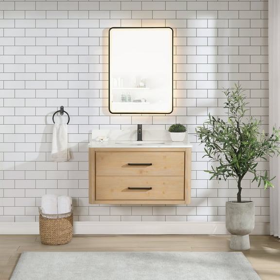 Cristo 36" Fir Wood Brown Single Bath Vanity with Fish Maw White Quartz Stone