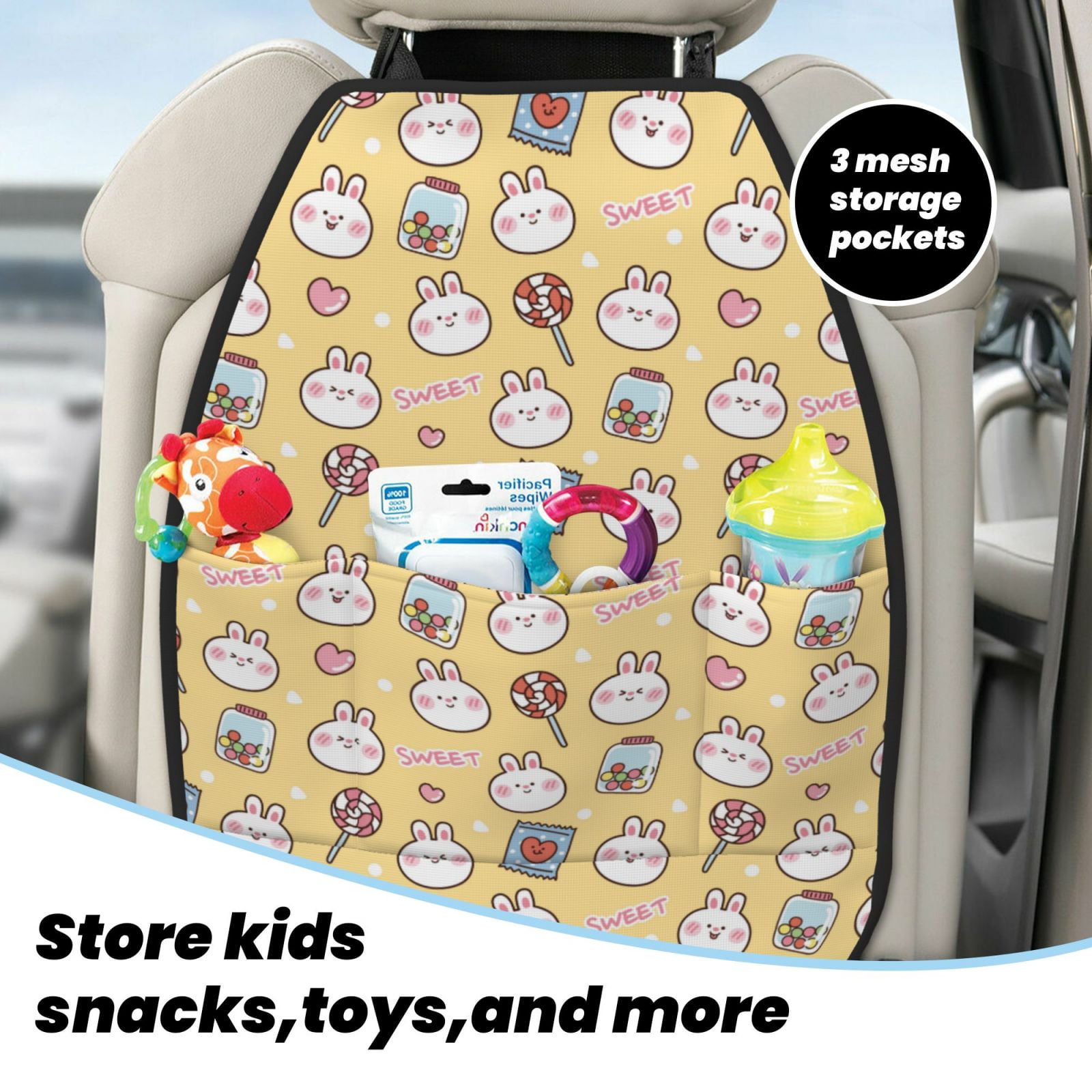 Xecao Rabbit And Candy Pattern Car Seat Back Protector 2 Pack Large Capacity Pocket, Kick Mats Back Seat Protector