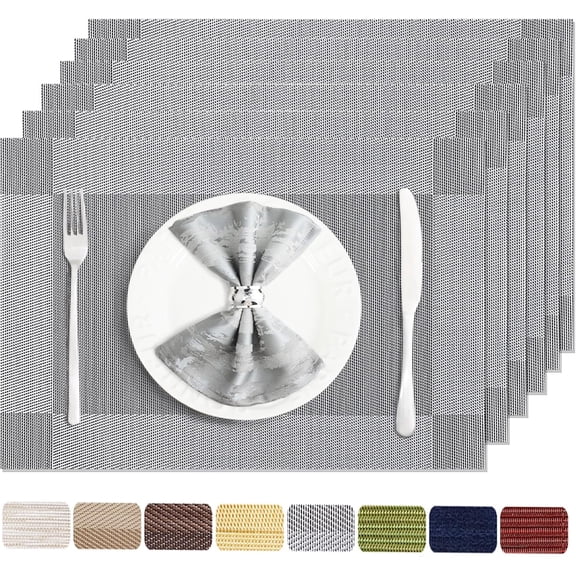 Silver Grey Woven Vinyl Placemats Set of 6, 18 x 12 Inch Table Mats for Kitchen Dining Table, Indoor Outdoor Decor