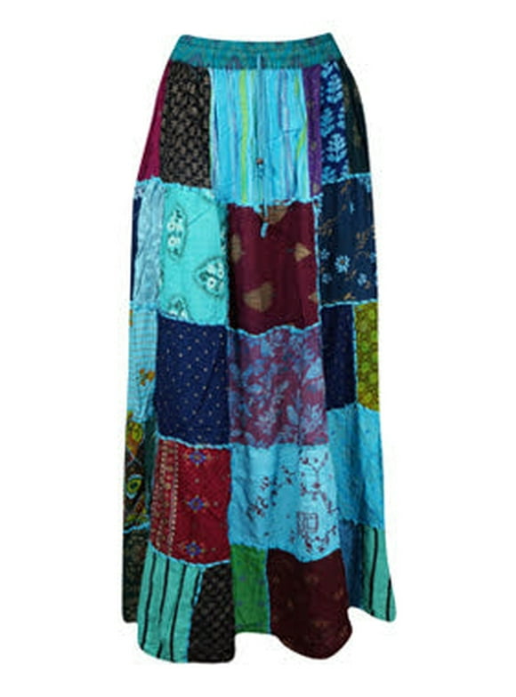 Mogul Womens Maxi Skirt, Pink Summer Skirt, Gujarati Patchwork Handmade Vintage Boho Chic Long Skirts S/M/L