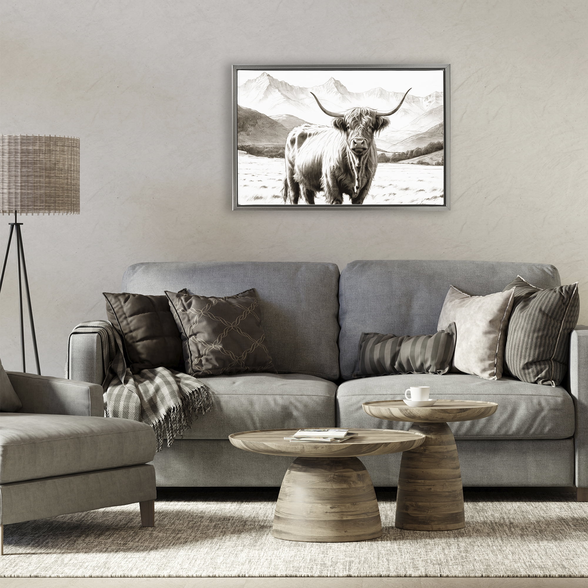 Stupell Industries Highland Sepia Sketch Gray Framed Floater Canvas Wall Art, design by Kim Allen