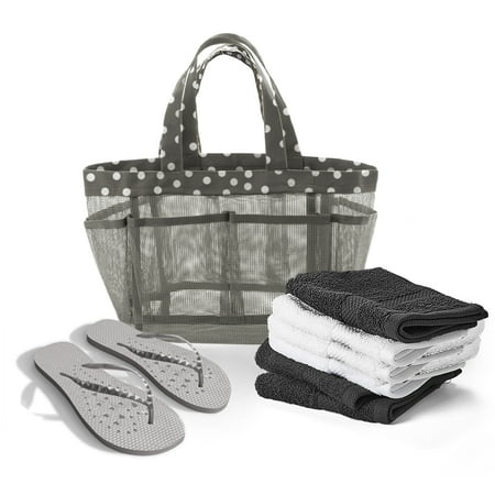 

Dawn 9-Piece Shower Bundle Gray Heart & Polka Dot Showaflop Sandals in Small Mesh Tote Six 100% Cotton Washcloths for Dorm Camp Beach Pool and Gym