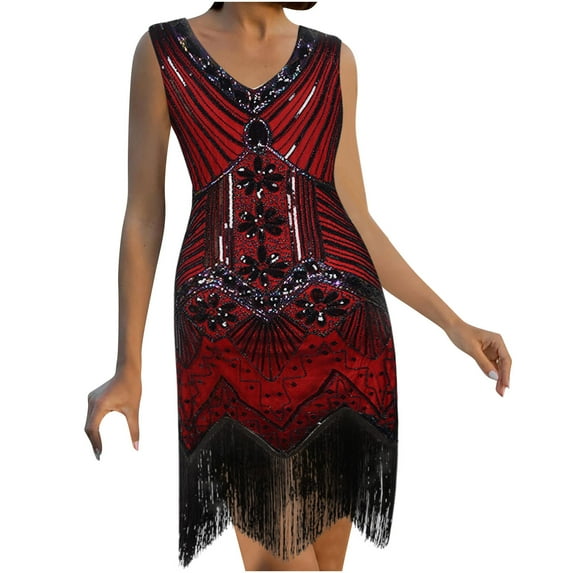 IROINNID V-Neck A-Line Dress For Women Fashion Gorgeous Retro Style Sequins Beads Front And Back Fashion Tassel Dress Comfort Waist Dress