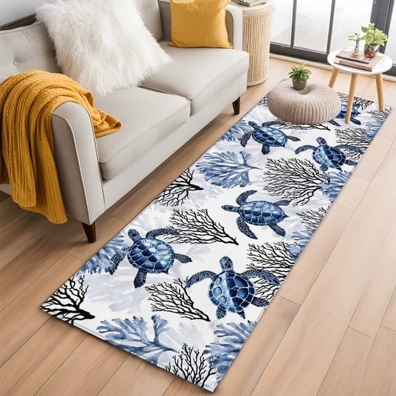 Coastal Sea Turtles 2'x6' Runner Rugs for Hallway Kitchen Bedside Non Slip Washable, Blue Summer Coral Ocean Beach Entryway Rug Runners with Rubber Backing, Long Carpet Runner for Laundry Room
