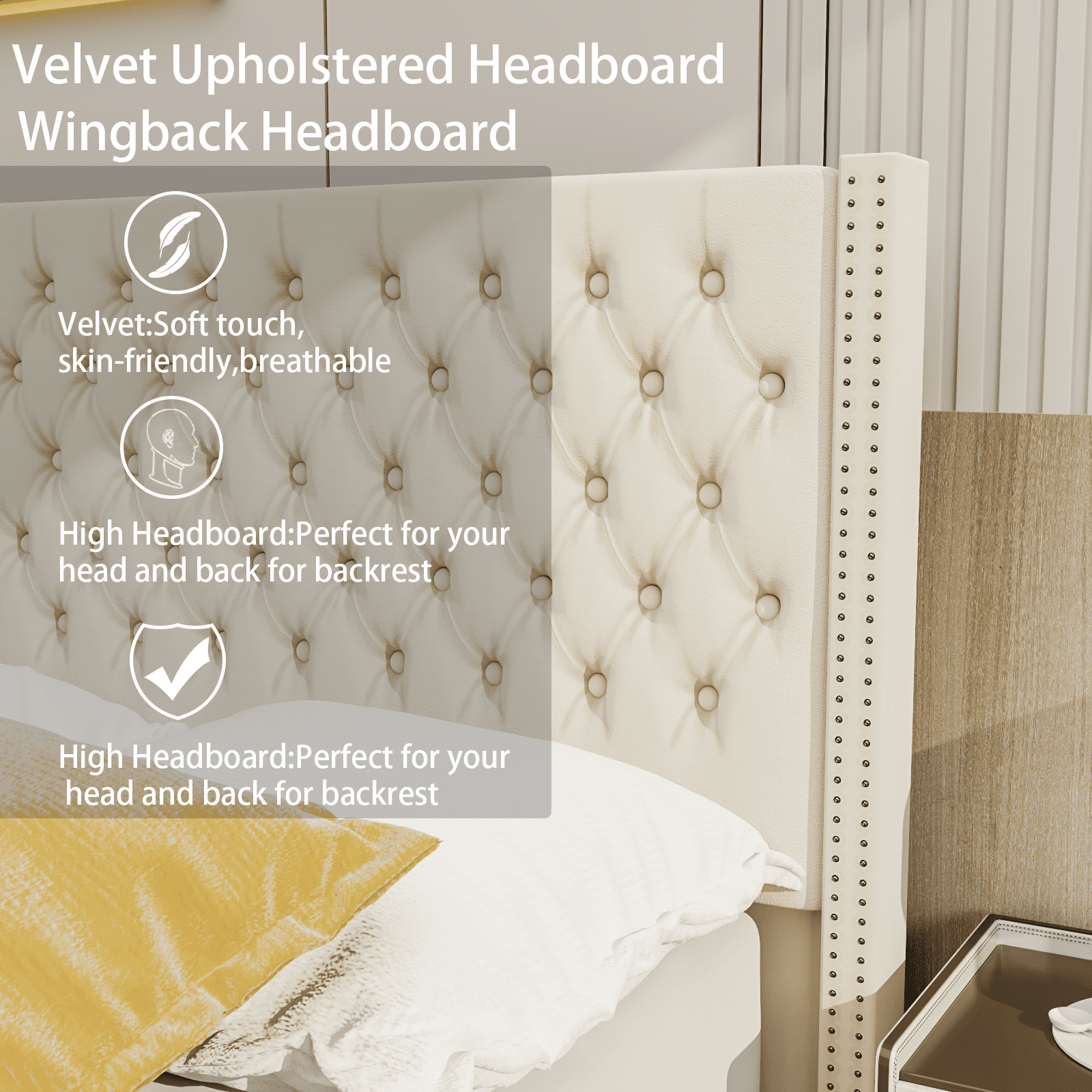 Upholstered Tufted Bed, Platform Bed Frame with Diamond Low Profile Platform Beds Strong Wooden Slats, King Size White