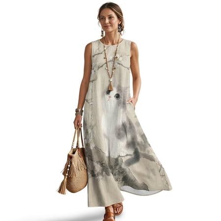 Jiueut Cat Cherry Blossom Print Sleeveless Maxi Dress for Women with Pockets Wrinkle Resistant Linen Look Long Dress Women Casual Resort Wear Summer Beach Wear, S