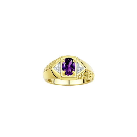 Rylos Yellow Gold Plated Silver Classic 7X5MM Oval Amethyst & Sparkling Diamond Ring - Birthstone Jewelry for Men -Size 8