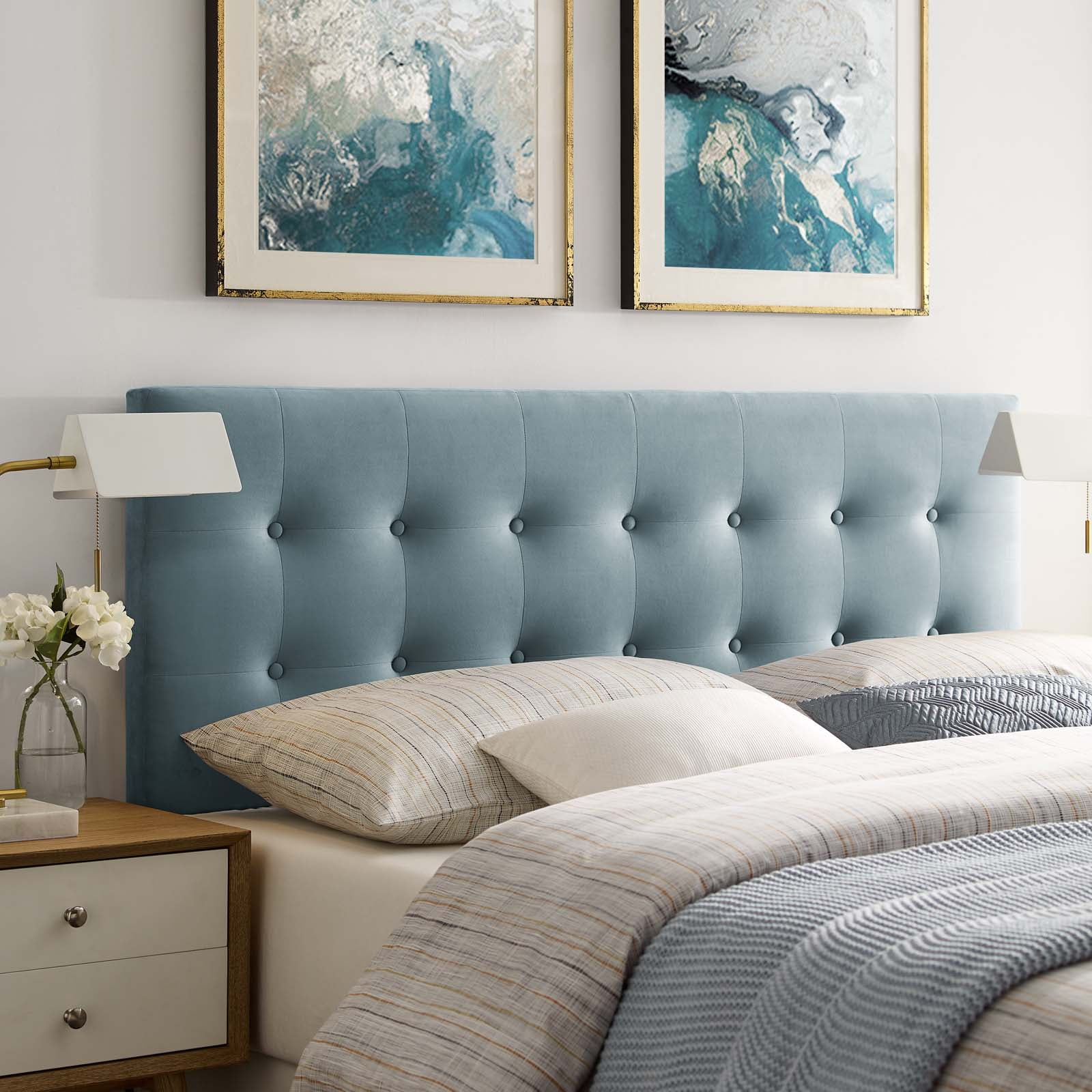 Contemporary Modern Urban Designer Bedroom Queen Size Tufted Headboard, Velvet Fabric, Light Blue