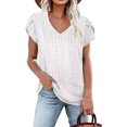 thumbnail image 1 of Camiseta de manga corta con pétalos para mujer, camiseta informal con cuello en V y agujeros ahuecados para uso en verano, color blanco M, 1 of 5
