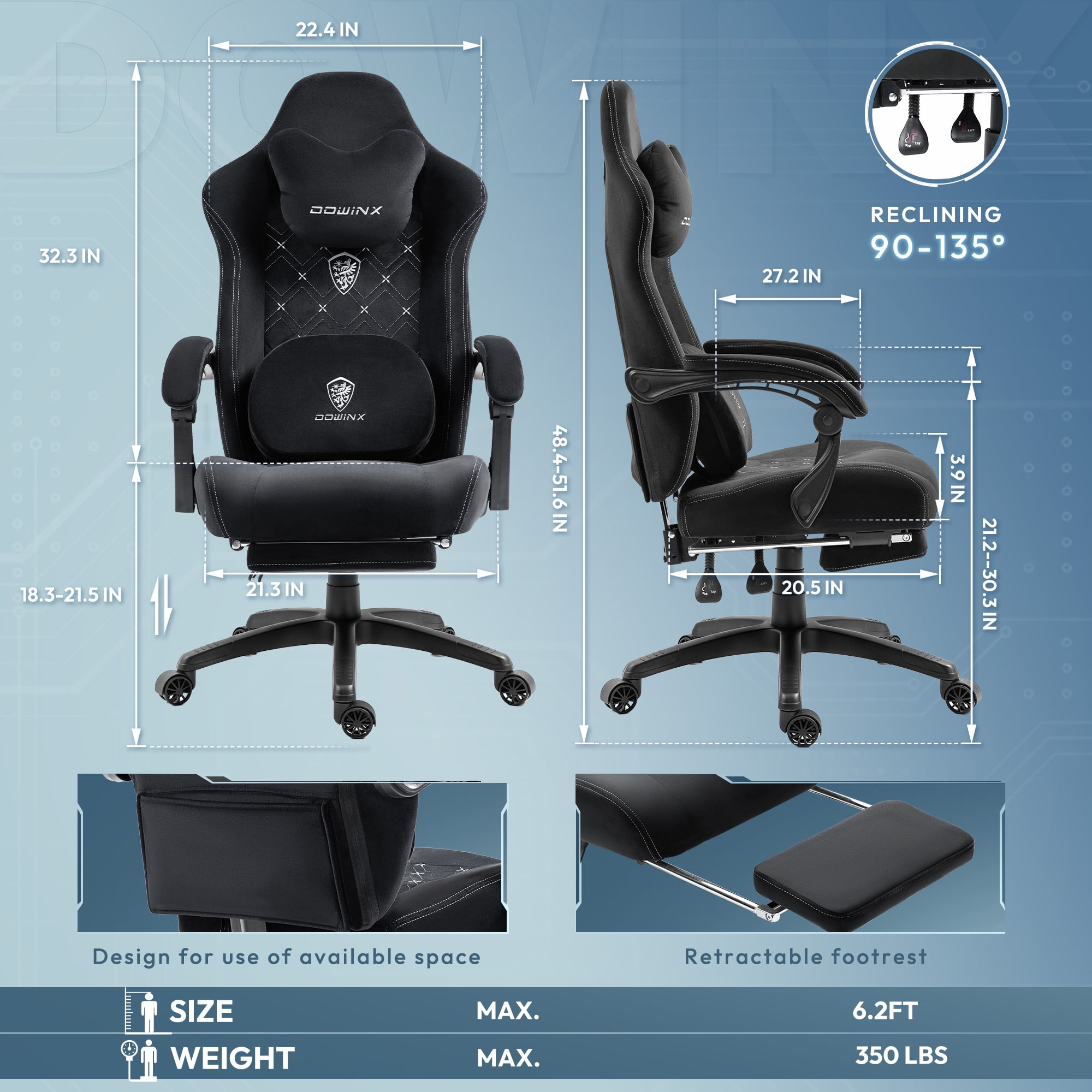 GOOSEA Fabric Gaming Chair with Heated Massage Lumbar Support, Big and Tall Game Chair for Adults, High Back PC Chair with Pocket Spring Cushion and Footrest, Black
