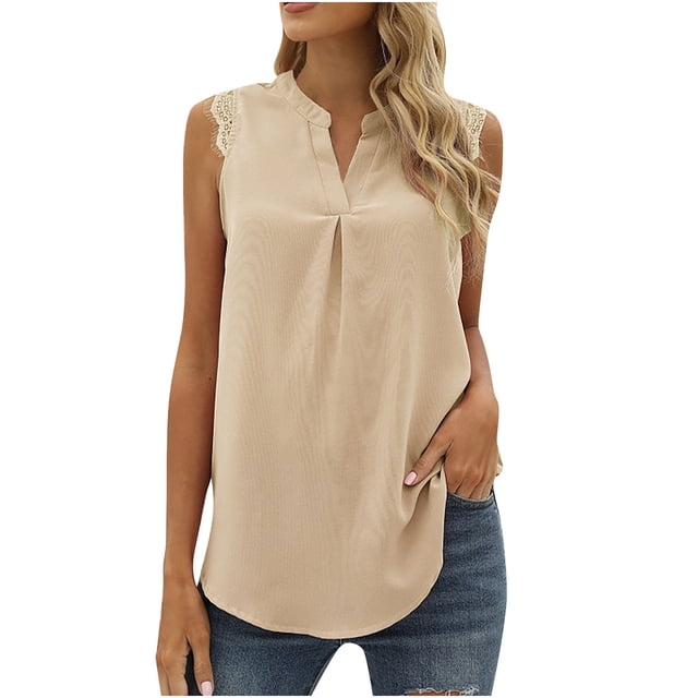 Tops de Mujer Blusa Casual Elegante Chaleco Sin Mangas de Encaje Sólido Empalme Camisetas Con Cuello en V Odeerbi ODB161587