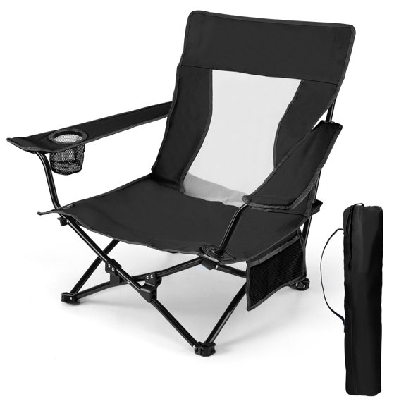 Walchoice Folding Beach Chair for Adults, Low Seat Camping Chair with High Back, Wide Seat Chair with Cup Holder & Carry Bag, Heavy Duty Portable Chair for Outdoor Picnic Travel - Black