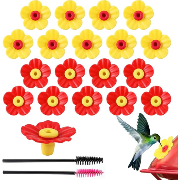 18 Pieces Hummingbird Feeders Replacement Flowers Pet Bird Feeder Replacement Feeding Ports with 2 Cleaning Brush for Outdoor Hanging Feeders(Red Yellow)