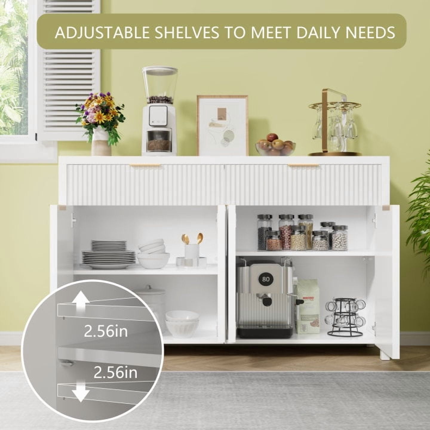 Sideboard Buffet Cabinet with Storage, 55" Storage Cabinet with Fluted Panel Doors & 2 Drawers, Adjustable Shelves for Kitchen, TV Stands for Living Room, Entryway, White