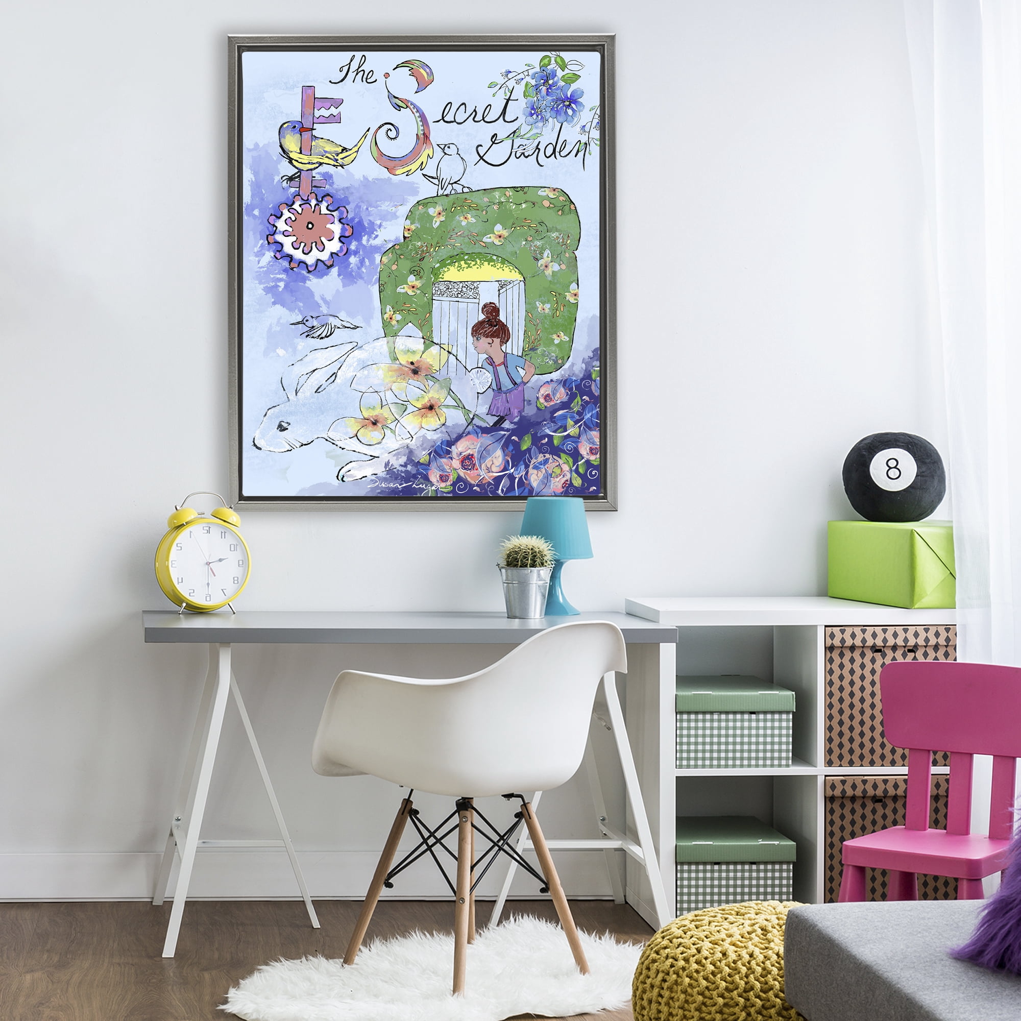 Stupell Industries Secret Garden Folk Illustration Gray Framed Floater Canvas Wall Art, design by Susan Lugar