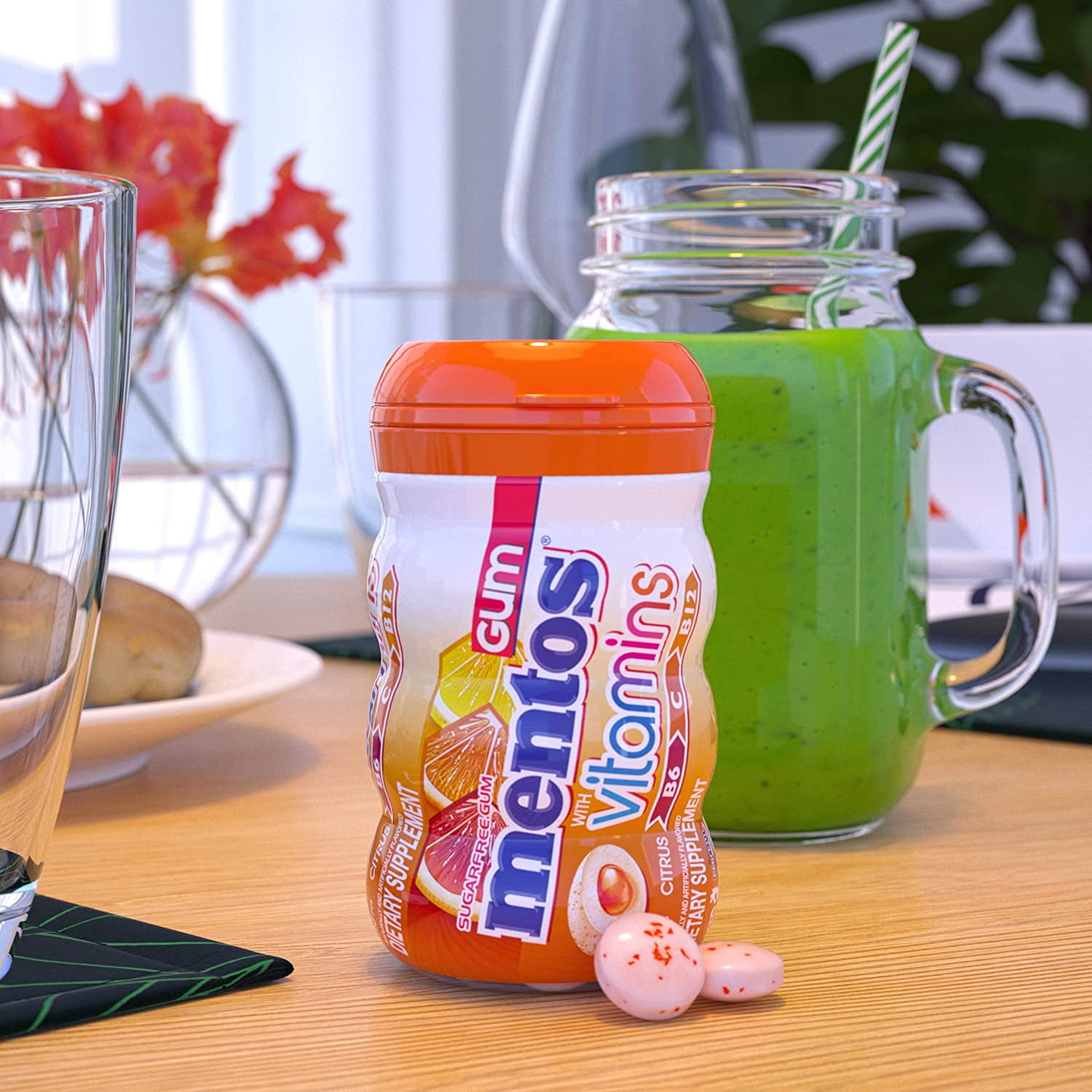 Mentos Pure Fresh Sugar-Free Chewing Gum with Xylitol, Citrus Flavor, Vitamins B6, B12 and C, Bottle of 45 (Bulk Pack of 4)
