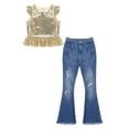 thumbnail image 3 of dPois Kids Girls Clothes Sequins Mermaid Flutter Sleeve Shirt Top with Flare Leg Jeans Pants Set 2Pcs Gold 6, 3 of 6
