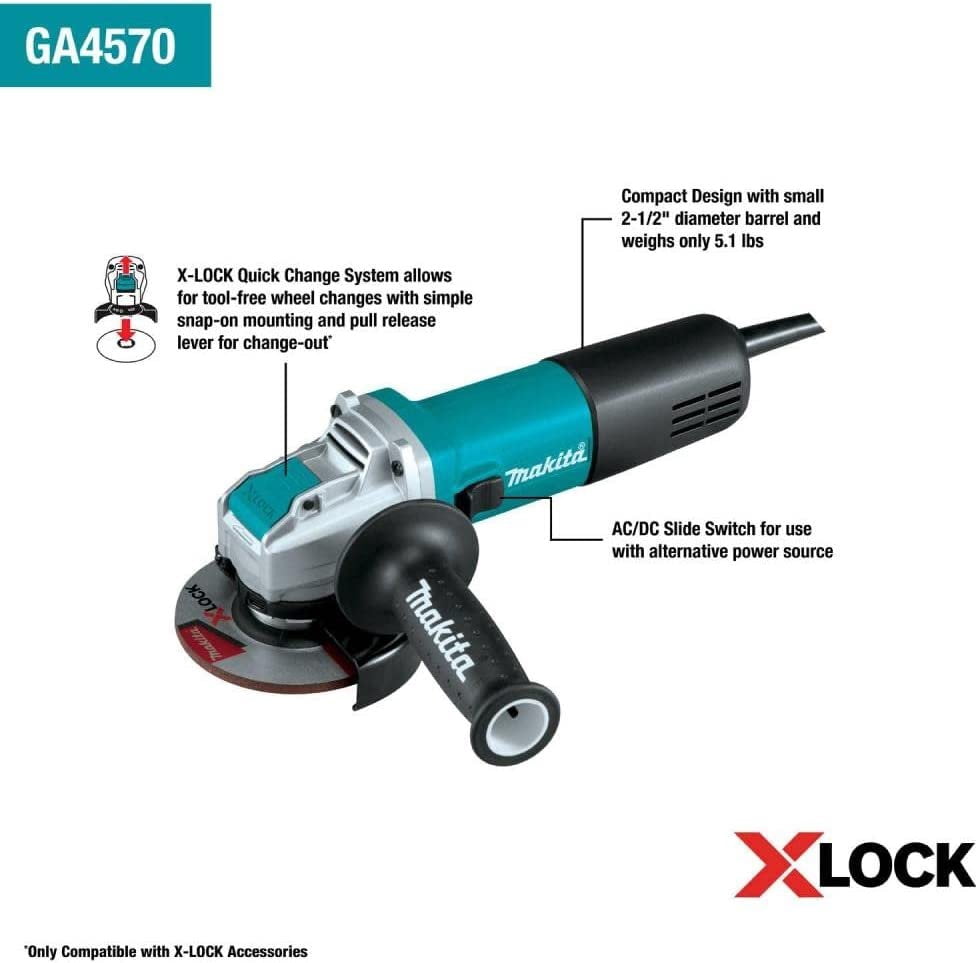 Open Box Makita GA4570 4-1/2" X-LOCK Corded Electric Angle Grinder w/AC/DC Switch