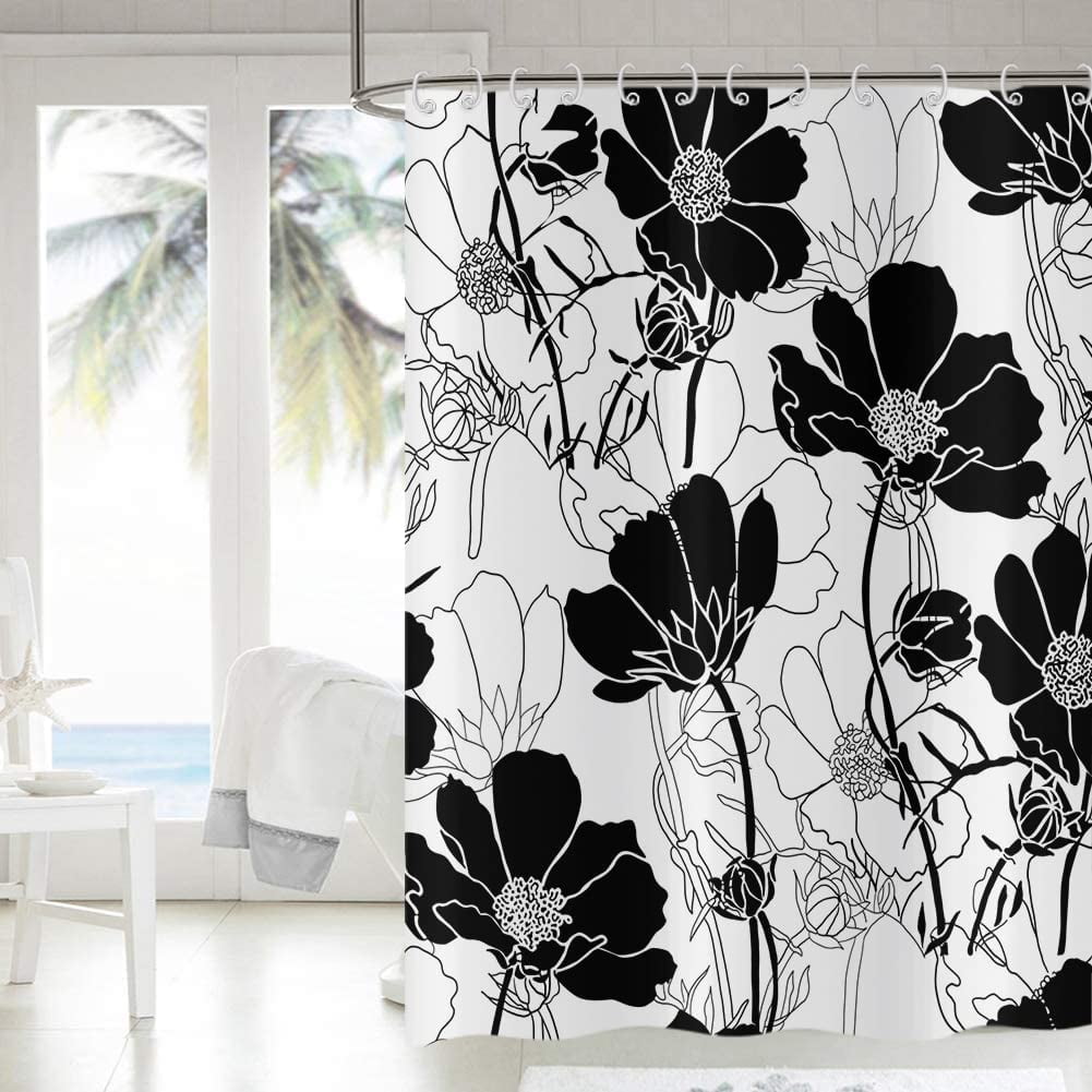 Black and White Floral Shower Curtain, Abstract Aesthetic Flower