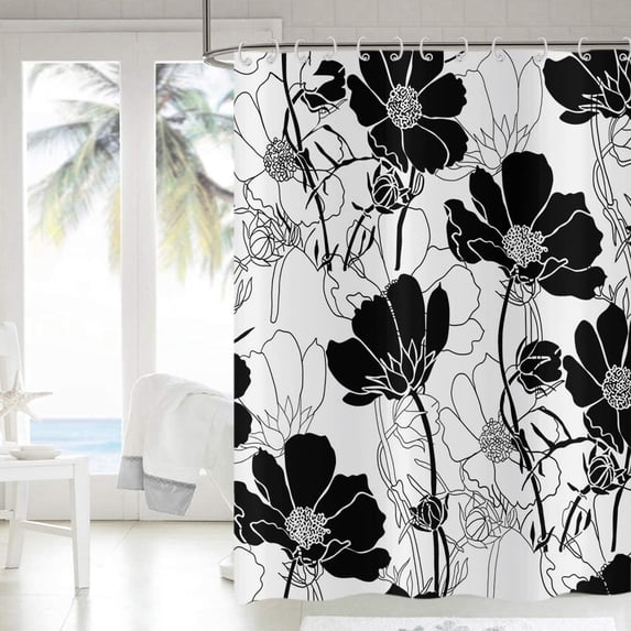Black and White Floral Shower Curtain, Abstract Aesthetic Flower Botanical Sketch Print Bathroom Curtain for Bathtub Home Decor Waterproof Fabric Machine Washable with 12 Hooks
