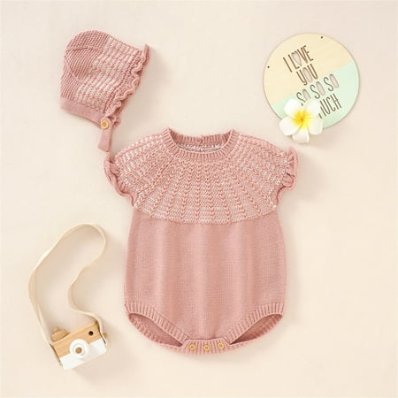 

Hunpta Newborn Baby Knitted Romper Cotton Sleeveless Boy Girl Ruffled Striped Sweater Baby Bodysuit With Hat Caps Outfits Set